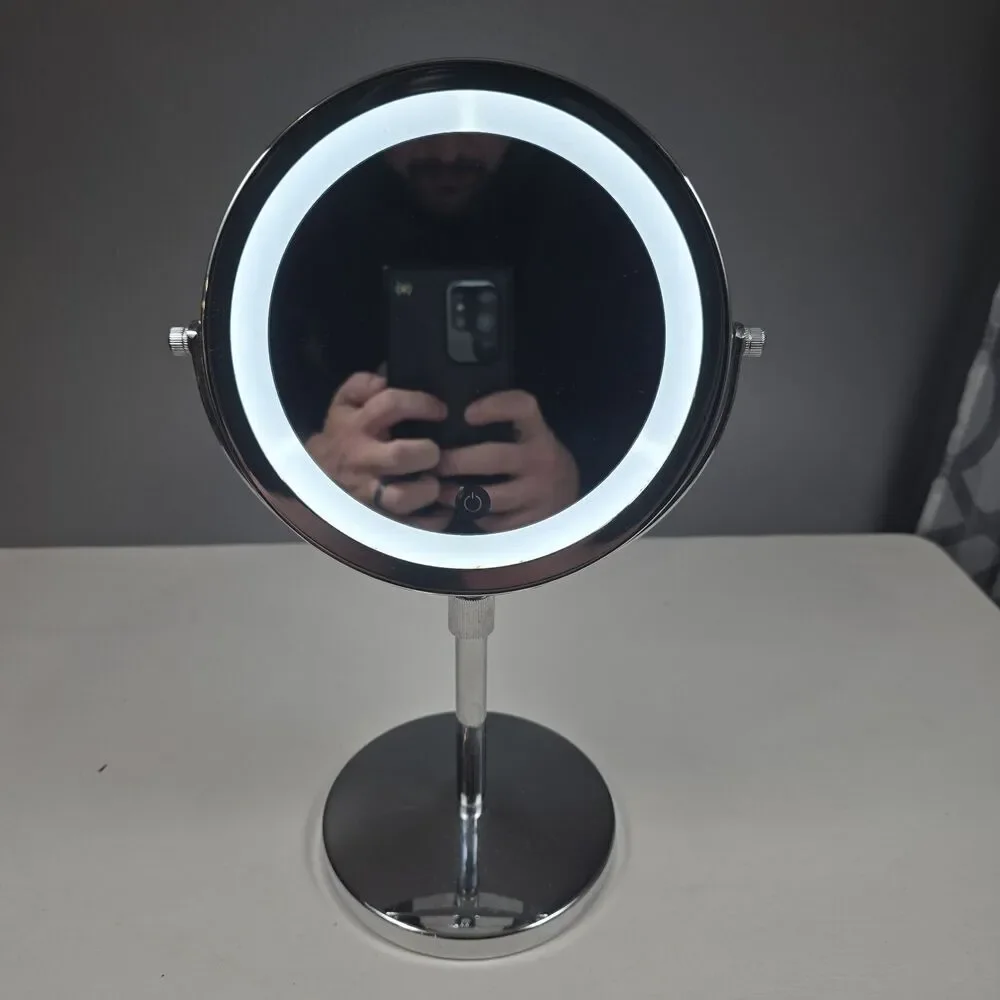 LED Illuminated Dual Sided Round Tabletop Makeup Mirror Silver Chrome 13
